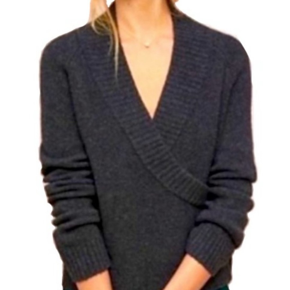 Anthropologie ett:twa‎ Tessa Faux Wrap V-Neck Sweater Charcoal Gray Size Medium